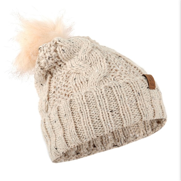 Hat and Scarf Set Knit Tweed Faux Fur Pom Pom NEW - Picture 3 of 8